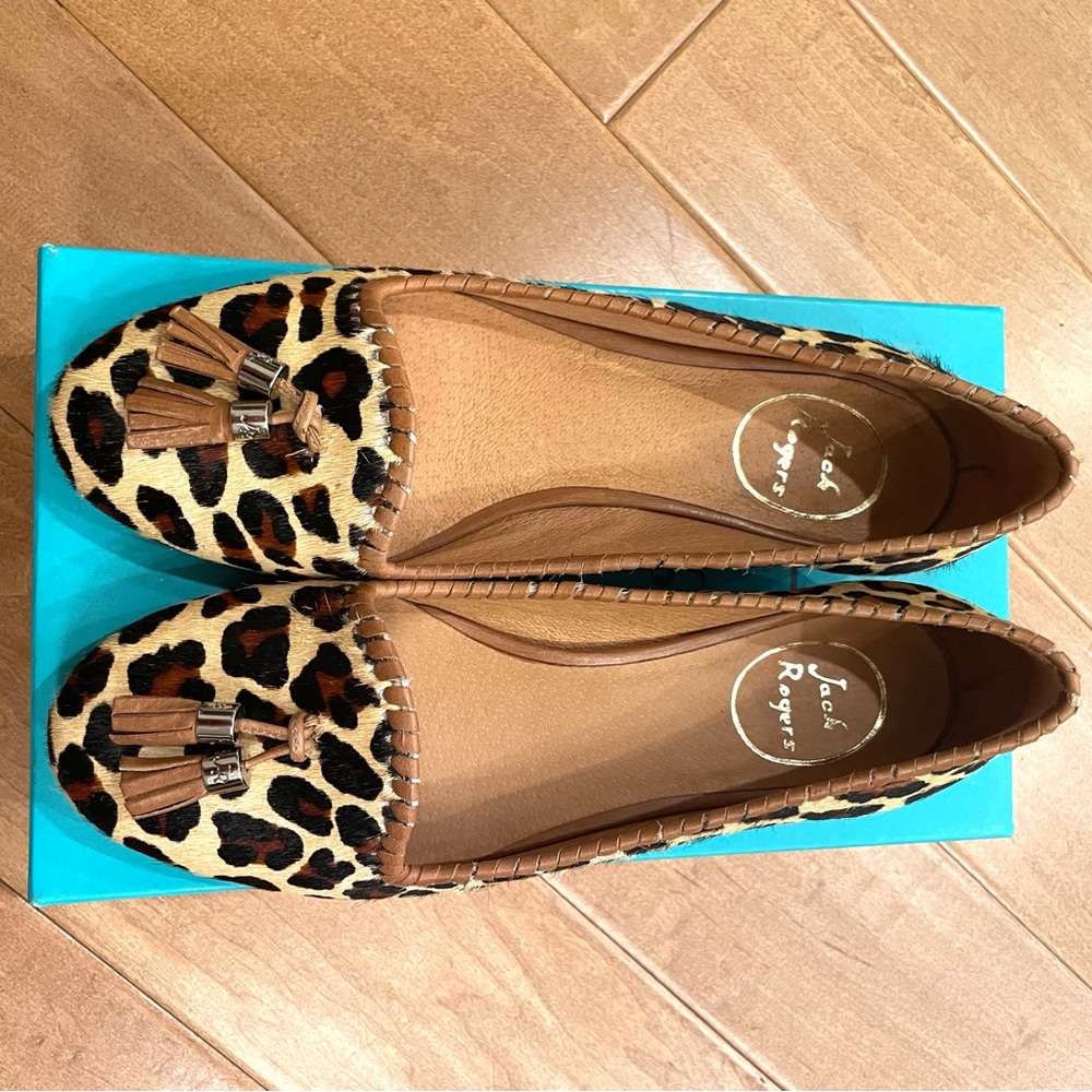 JACK ROGERS GABRIELLE HAIRCALF LEOPARD PRINT WOMENS FLATS with TASSELS SIZE 8 - Picture 10 of 13